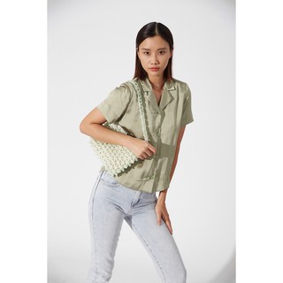 TheBlueTshirt - Grey Green Notch Collar Shirt - Áo Cổ V Tay Ngắn Xanh Lá