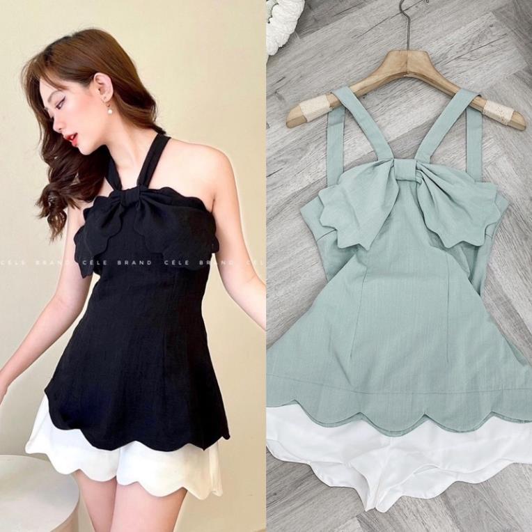 Set áo 2 dây bản nơ nực to đuôi gợn sóng kèm quần short trắng