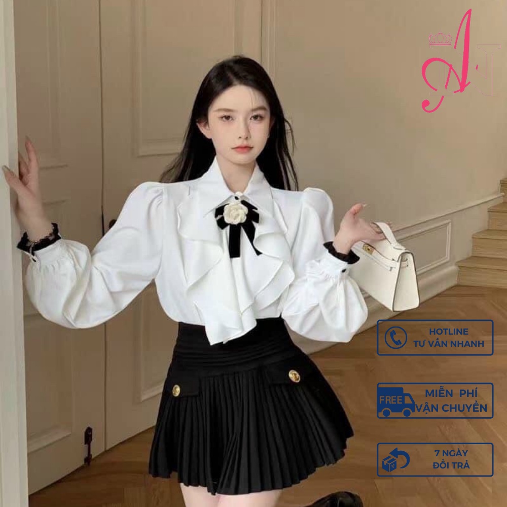 Áo Sơ Mi Nữ Trắng Dài Tay Cổ Kiểu Nơ Hoa Bèo Lụa Hàn Không Nhăn Hàng Cao Cấp