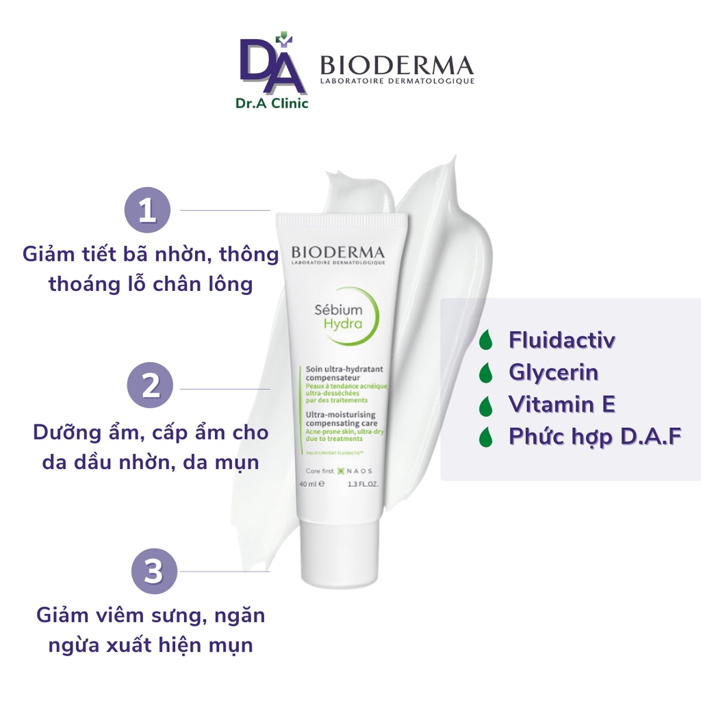 Kem Dưỡng Ẩm Bioderma Xanh Lá Sebium Hydra 40ml giúp giảm mụn và sợi bã nhờn cho da dầu mụn - Dr.A Clinic