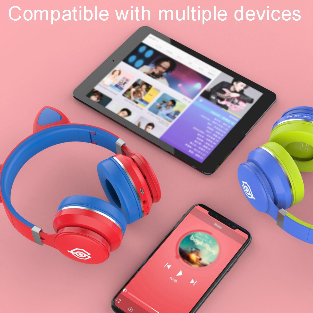 Tai Nghe Bluetooth 5.0 Hình Tai Mèo Màu Xanh Dương / Hồng