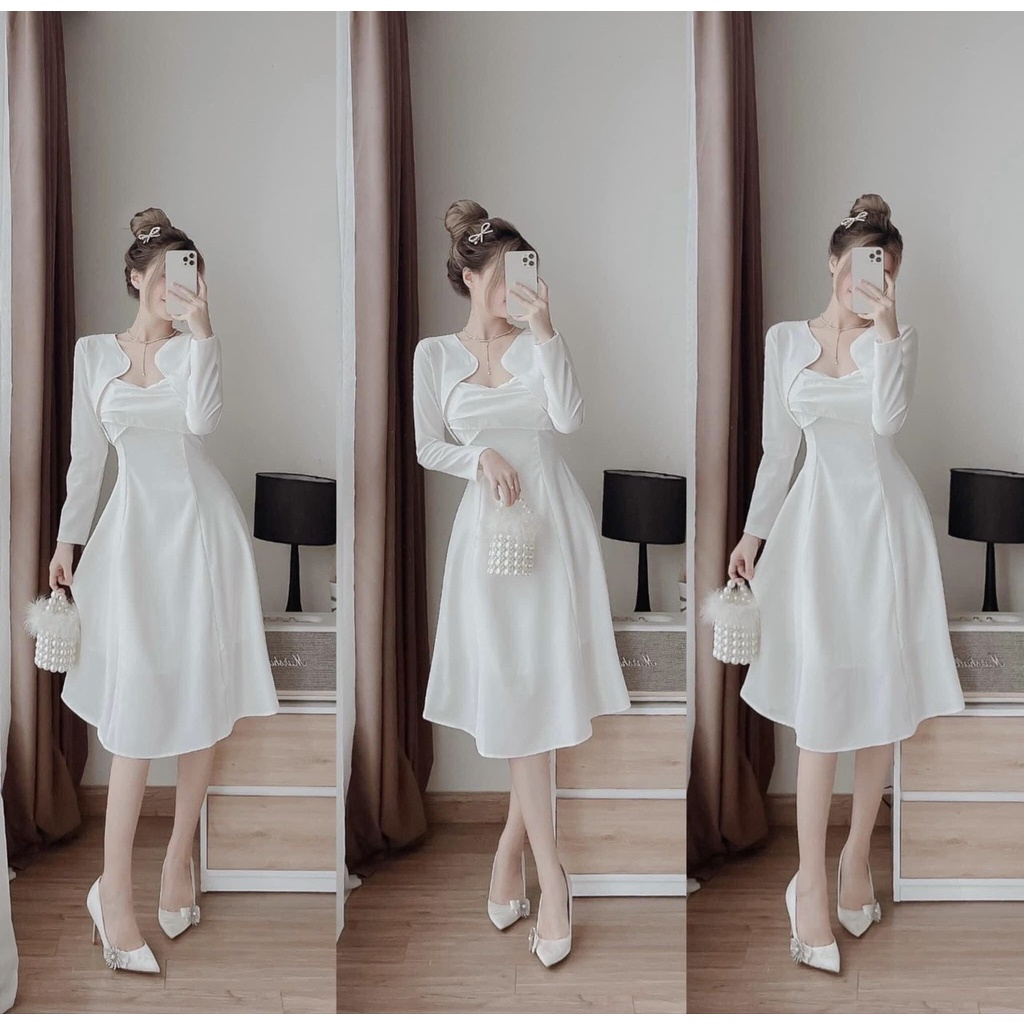 Đầm váy nữ dáng xòe họa tiết màu trắng trẻ trung kèm áo khoắc sang trọng dạo phố, dự tiệc
