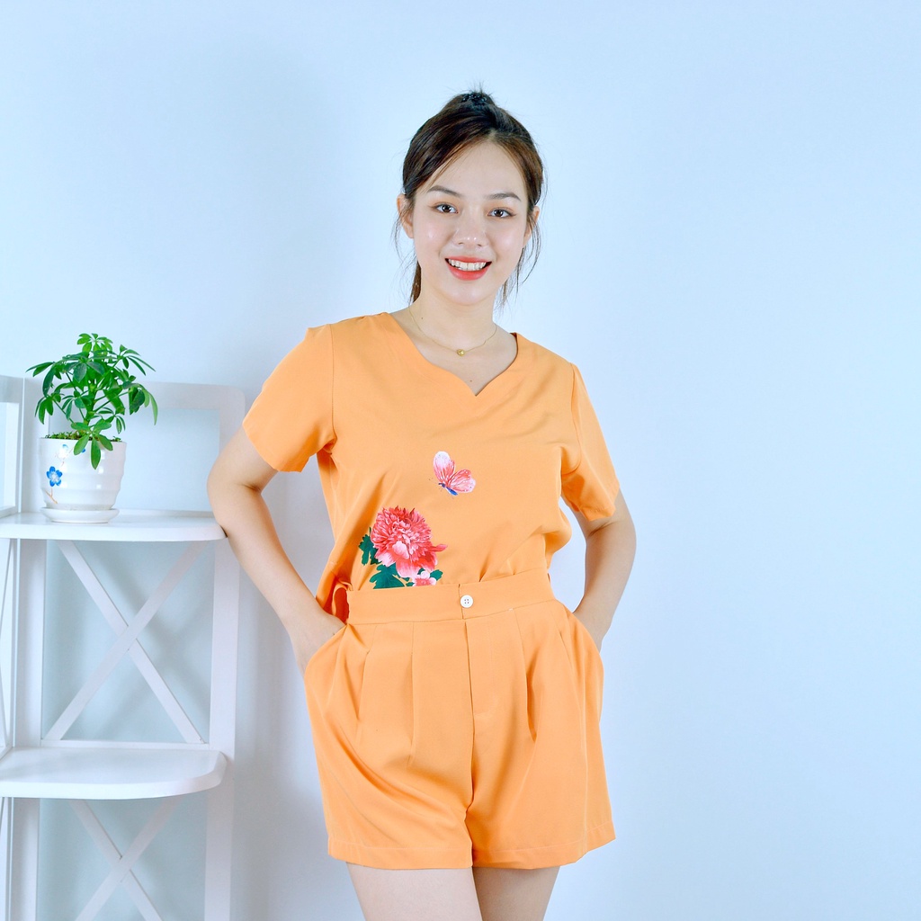 Bộ đồ nữ MÀU VÀNG CAM IN HOA CỰC XINH  - vải lụa cao cấp - Lịch sự - Quý phái