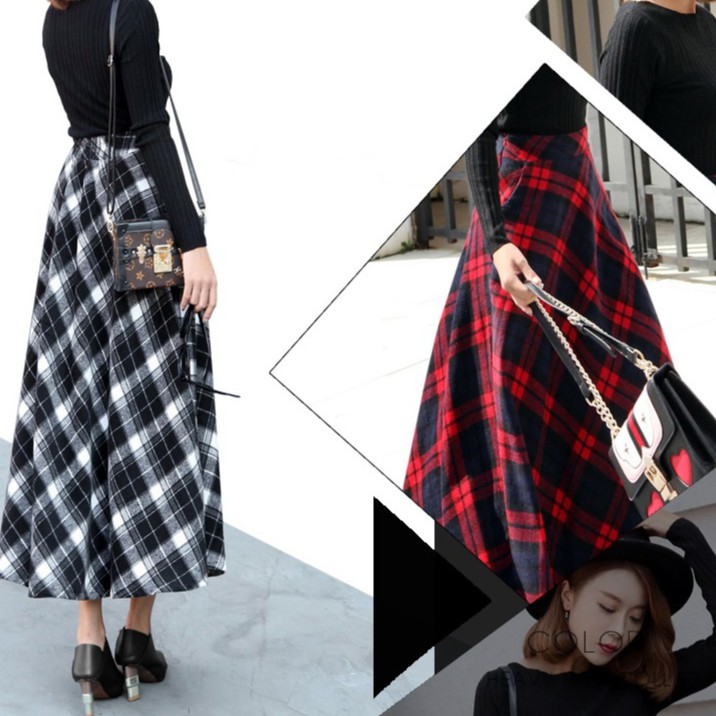 New autumn and winter plaid skirt women's A-line skirt long tweed dress swing skirt