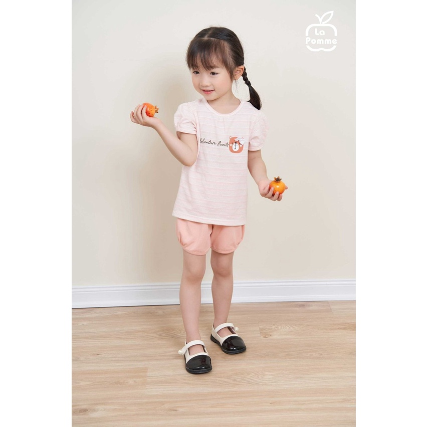 Bộ La Pomme cộc tay cotton mềm mịn thoáng mát thấm hút tốt cao cấp kẻ sọc ngang gấu nhỏ cho bé gái 12008