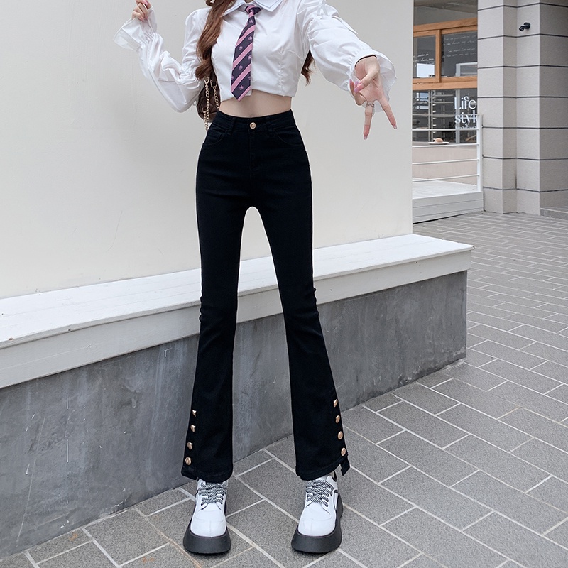 【ZHELIHANGFEI】Quần Jean Dài Lưng Cao Ống Loe Xẻ Tà Cá Tính Trẻ Trung