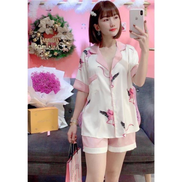 Bộ Đồ Pijama Lụa Đùi Hạc Siêu Xinh
