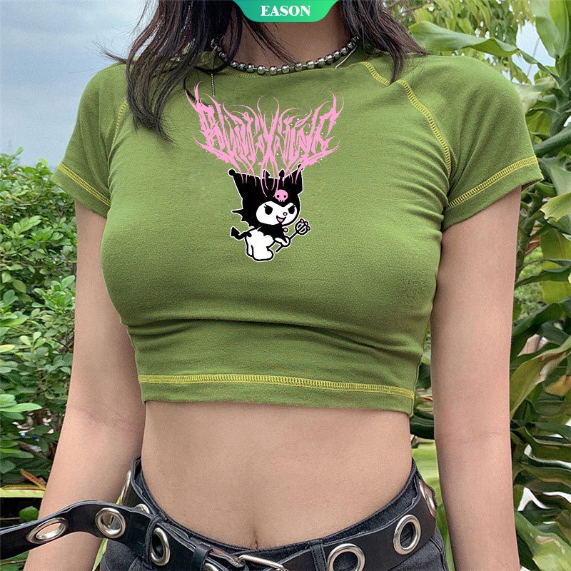Áo Thun crop top Tay Ngắn Cổ Tròn In Hình Cầu Vồng Kuromi 2021 Thời Trang Mùa Xuân Cho Nữ