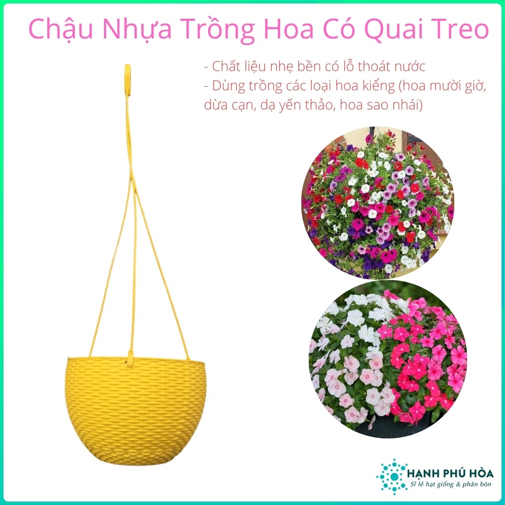 Chậu Nhựa Mây Tròn Có Quai Treo Dành Cho Hoa Kiểng, Hoa Dừa Cạn, Dạn Yến Thảo- Chậu Đẹp, Nhẹ, Bền, Có Lỗ Thoát Nước