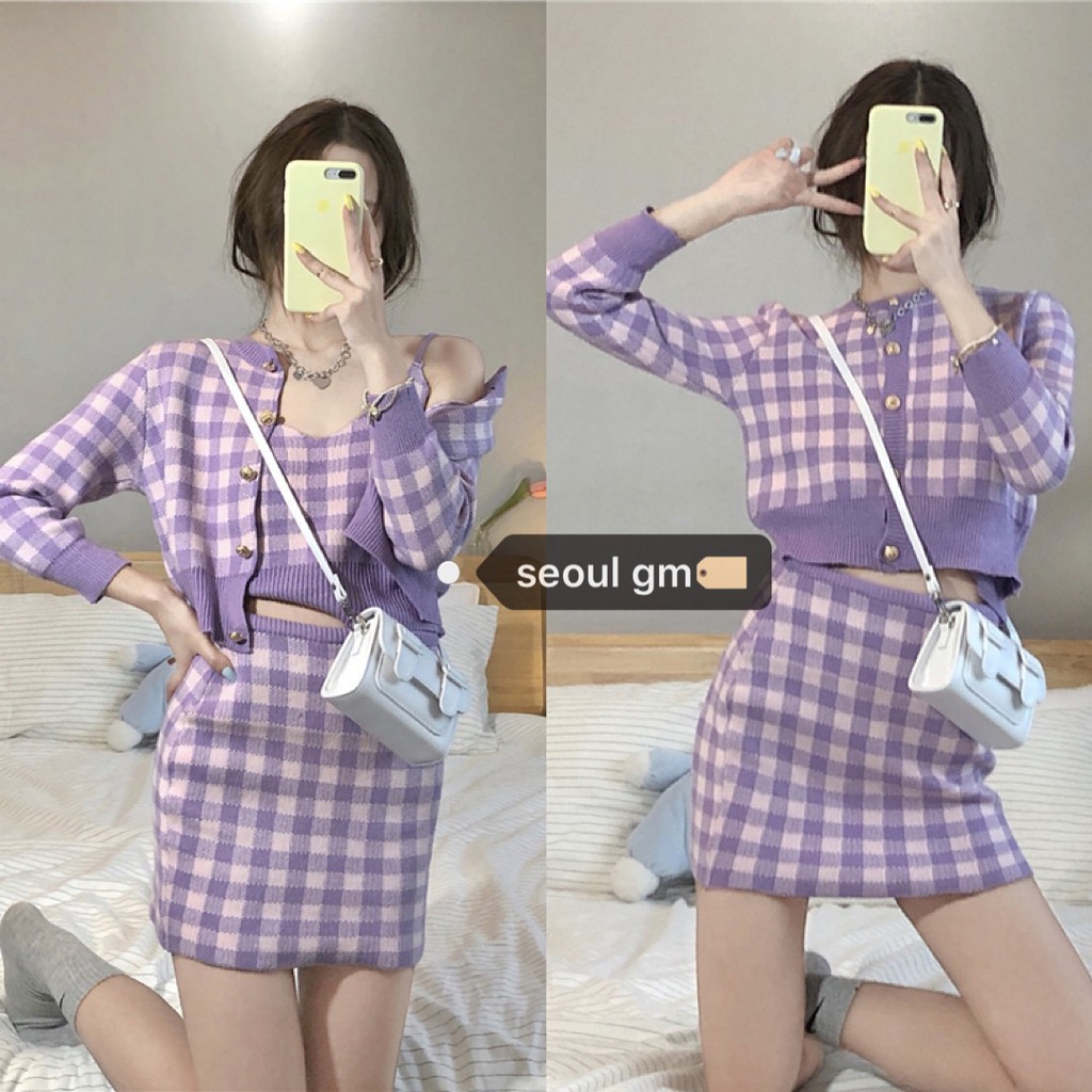 SET ÁO VÁY LEN SỌC CARO TÍM ✿ ROSASOONIE
