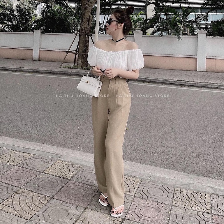 Set áo trễ vai quần ống rộng be xinh xắn BN289