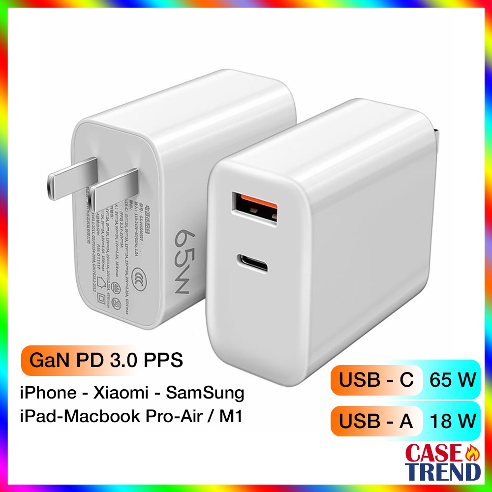 Củ Sạc Nhanh 65W GaN 2 Cổng 1C/1A Cho Macbook iPad iPhone Xiaomi SamSung Chính Hãng Good-She GS-W65A0927