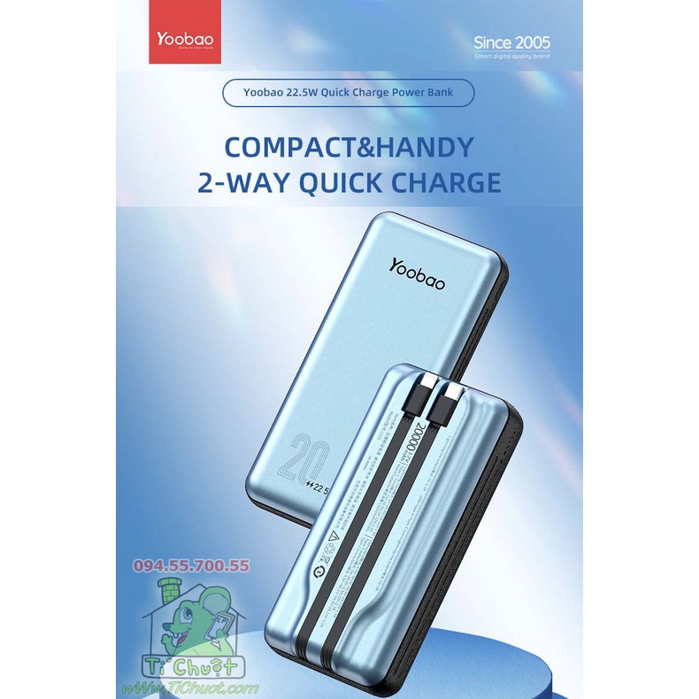 [Ảnh Thật-Chính Hãng] Pin Dự Phòng YOOBAO LC6 20.000mAh Sạc Nhanh 22.5W tích hợp 2 cáp Lighning+Type-C