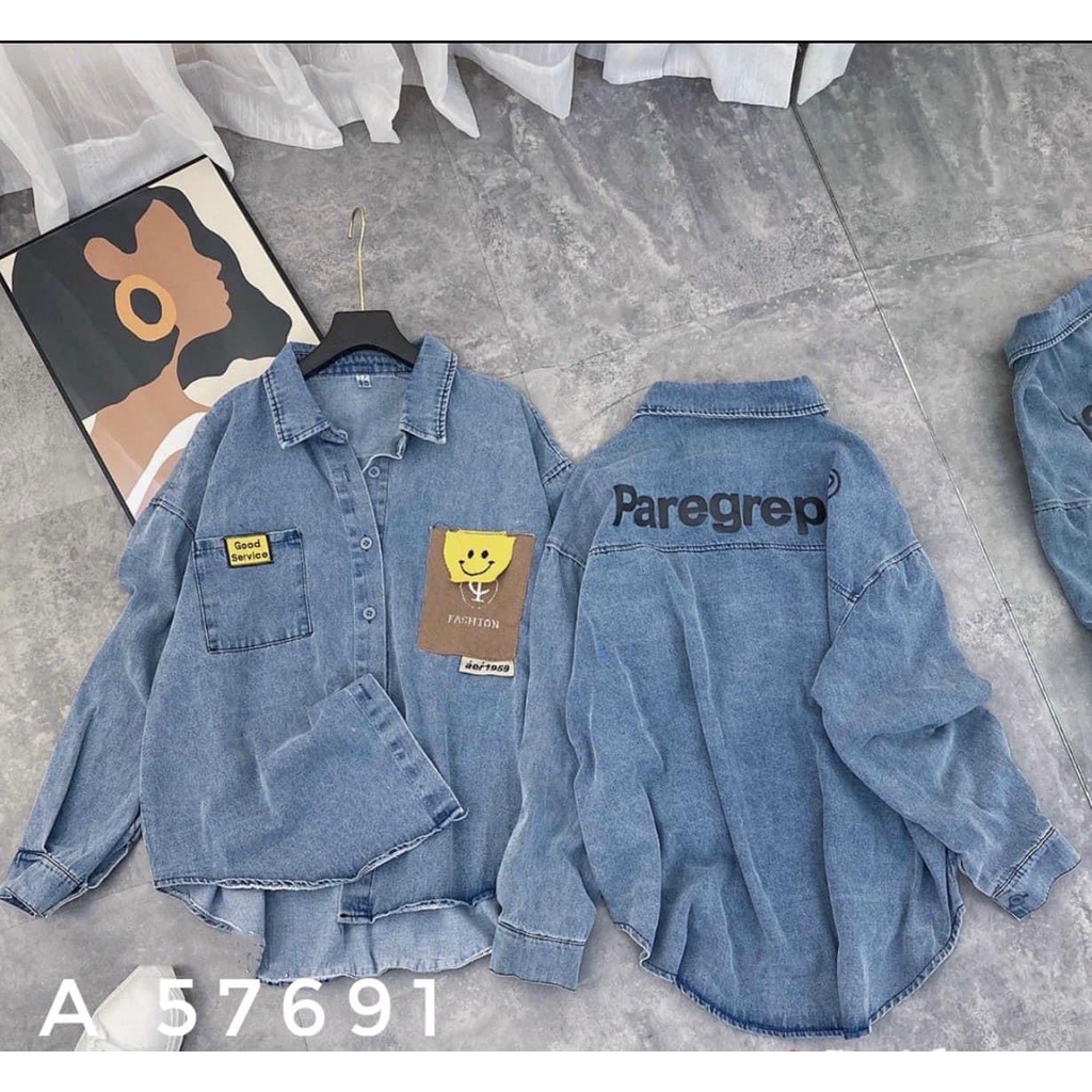 Áo sơ mi Jean nữ cộc tay form rộng. áo bò nữ tay ngắn có túi ngực free Size 45&gt;&gt;60 kg