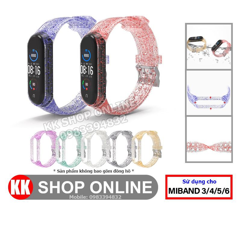 Dây đeo miband kim tuyến trong suốt thay thế cho Xiaomi Miband 3, Xiaomi Miband 4, Xiaomi Miband 5, Xiaomi Miband 6