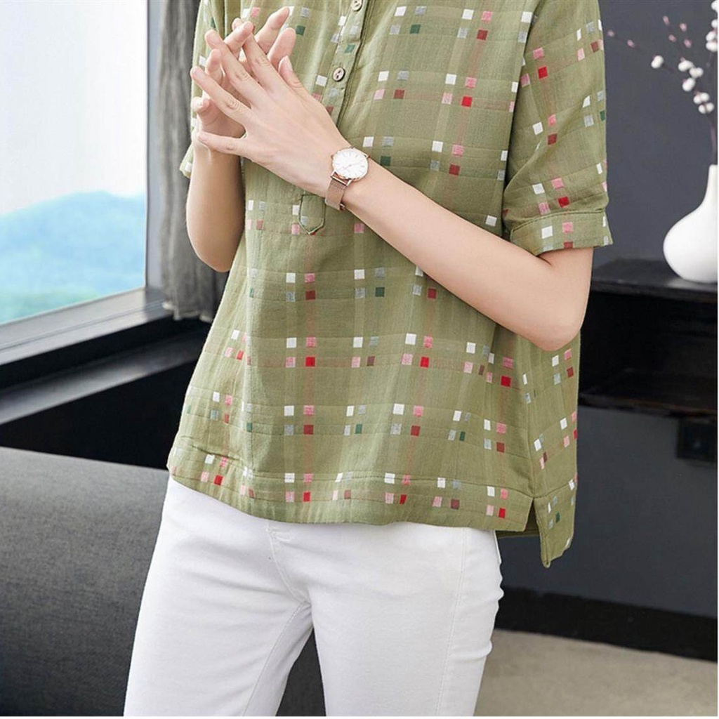 Áo Sơ Mi Cotton Cổ Tròn Tay Ngắn Họa Tiết Kẻ Ô Thời Trang Hàn Quốc Cho Nữ