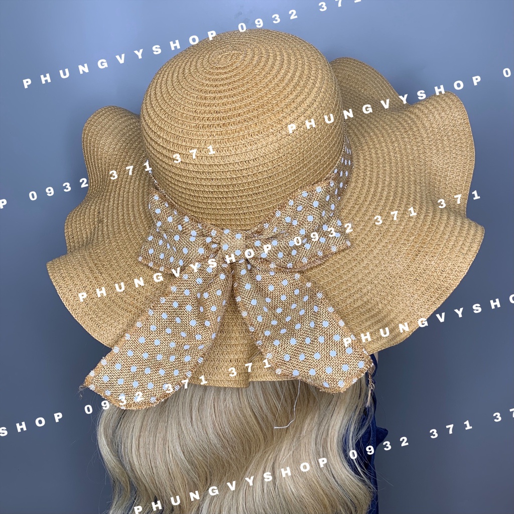 Mũ cói VÀNH LƯỢN DÂY BI nón đi biển che nắng