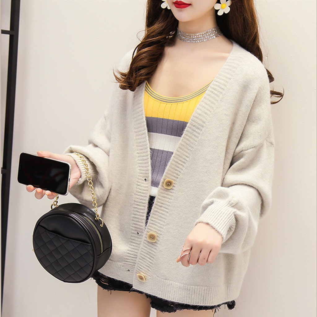 New [Hàng đẹp] 💖Áo Cardigan khoác len basic dáng ngắn cổ chữ V, tay bồng hàng quảng châu cao cấp Mua Hàng Ngay