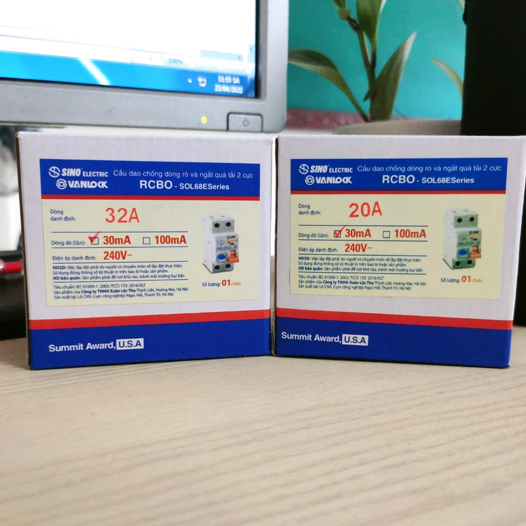 Cầu dao chống dòng rò và ngắt quá tải , CB RCBO 2P - 30mA Sino SOL68E