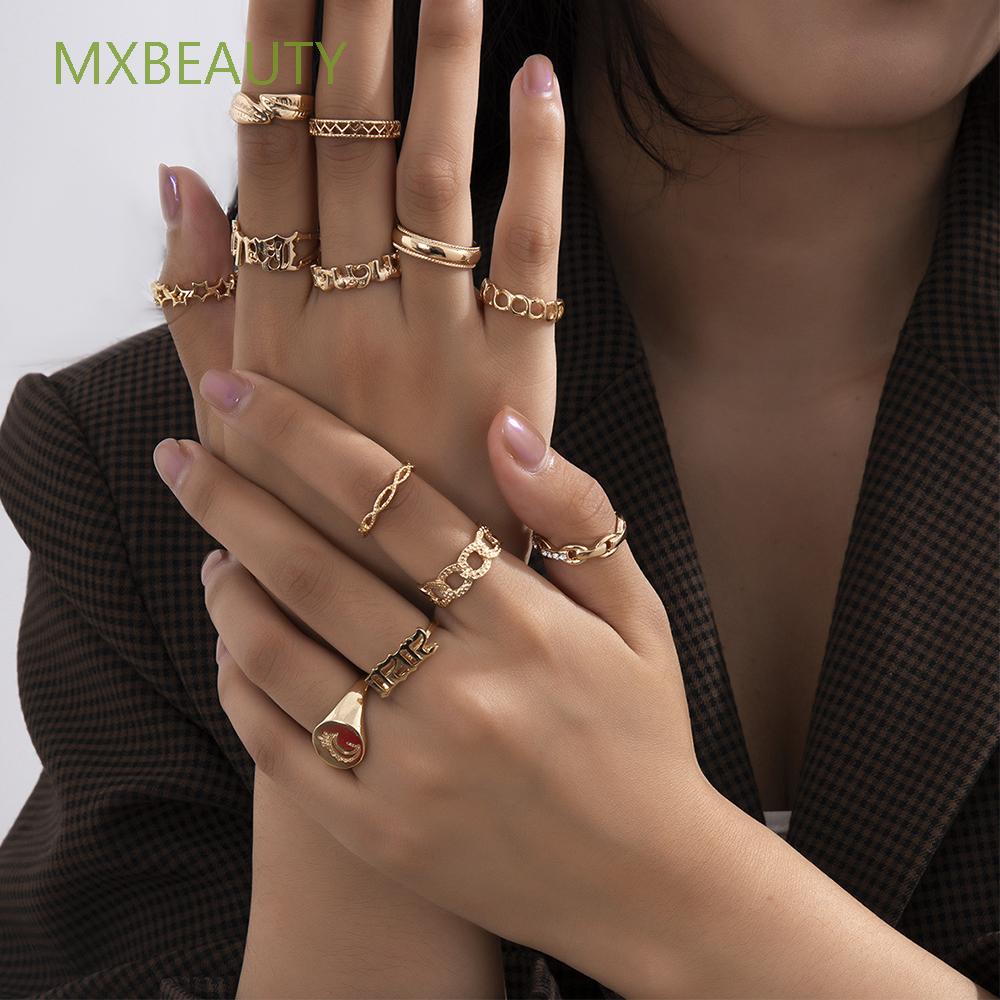 MXBEAUTY Ladies Ring Set Metal Women Jewelry Finger Rings Hollw Out Moon 9Pcs/set Geometric Boho Hip Hop Knuckle Joint Rings/Multicolor