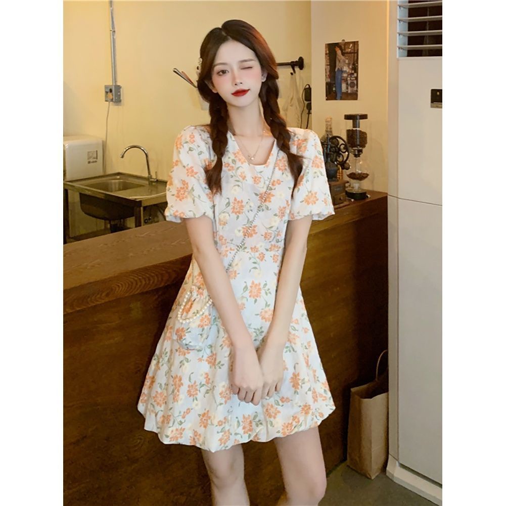 Large size fat MM French first love sweet broken flower dress women's summer 2021 new bubble sleeve short skirt