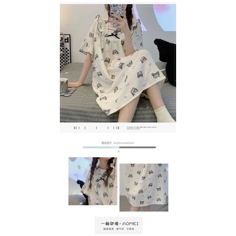 Đầm Ngủ Phối Bèo Đính Nơ Nhỏ Màu Đen Phong Cách Nhật Bản Thời Trang Xuân Thu Cho Nữ