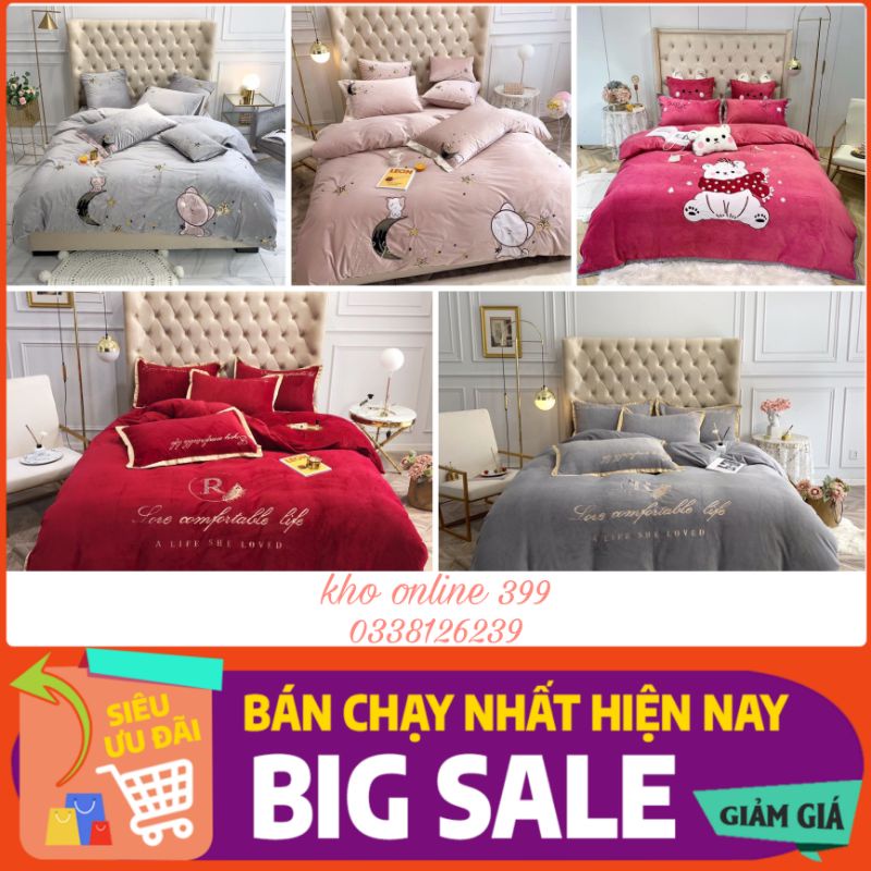 [RẺ VÔ ĐỊCH] set (bộ) chăn ga gối nệm nỉ nhung thêu 4 món nhập khẩu kích thước m6, m8, 2mx2m2, ga trải giường, vỏ gối