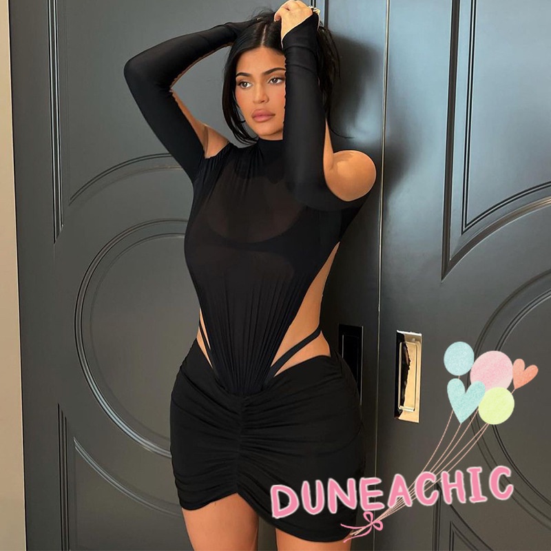 DUNEA Đầm Dài Tay Cổ Tròn Phối Lưới Hở Lưng Gợi Cảm Cho Nữ