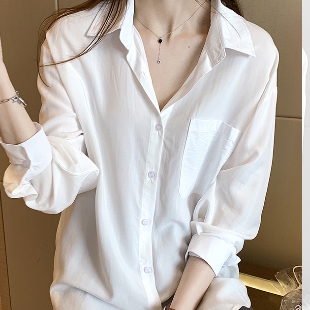 Áo Sơ Mi From Rộng MOLA Màu Trắng Dáng Dài 1 Túi Kiểu Hàn Quốc Vintage Ulzzang Tiểu Thư Bánh Bèo Chất Đũi | BigBuy360 - bigbuy360.vn