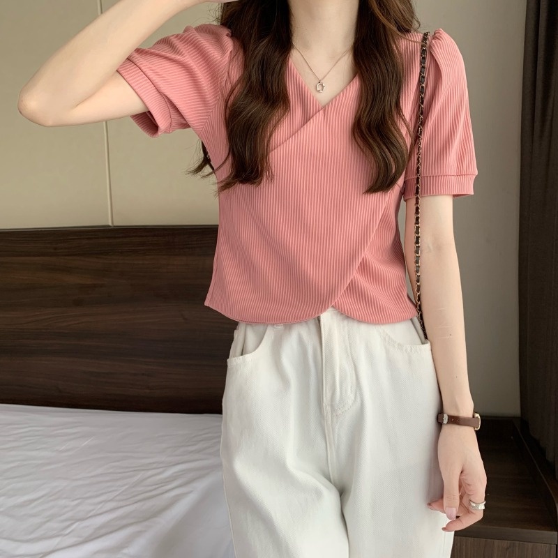 【ZHELIHANGFEI】 / feel Áo Thun Dệt Kim Tay Ngắn Cổ Chữ V Đan Chéo