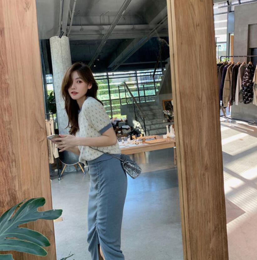 Áo croptop dệt kim SUXI tay ngắn cổ tròn phong cách mùa hè thời trang cho nữ