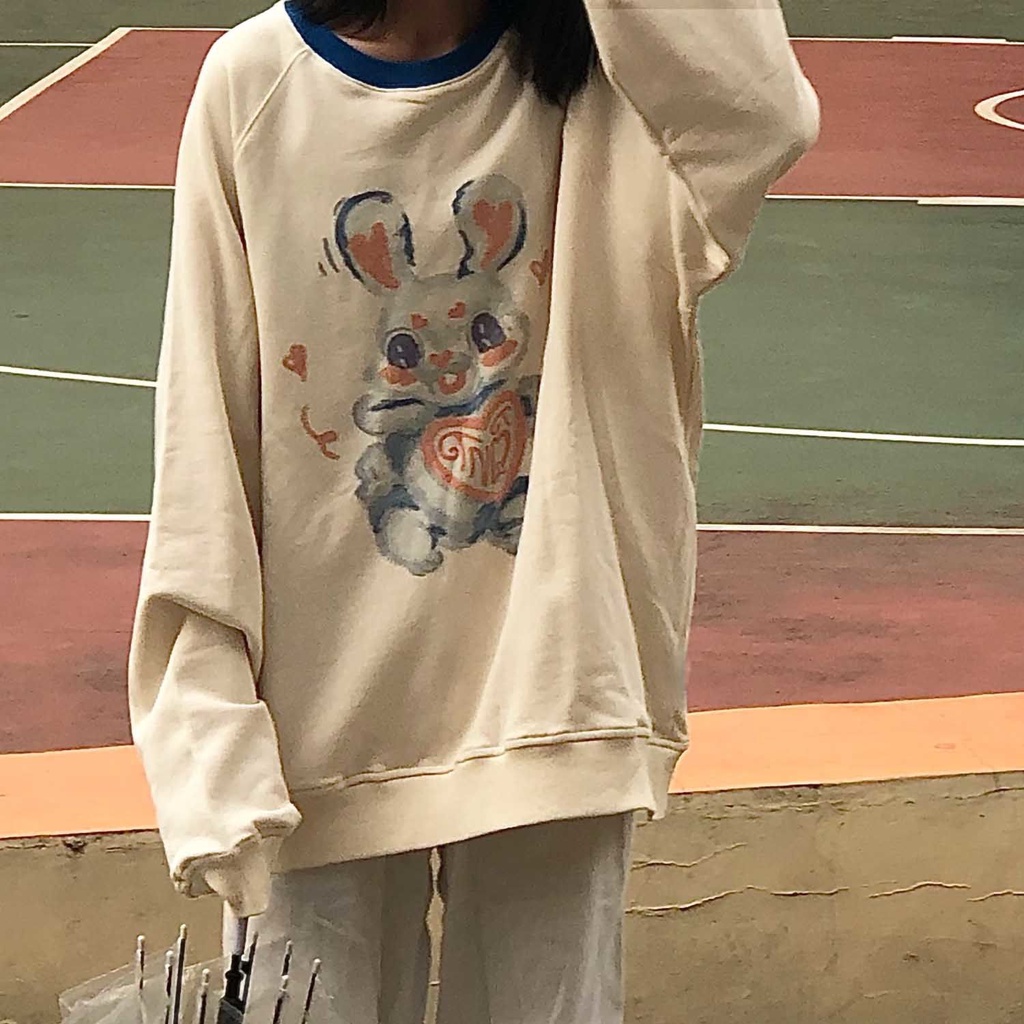 Áo Sweater Tay Dài Cổ Tròn Dáng Rộng In Hình Thỏ Dễ Thương Thời Trang Xuân Thu Cho Nữ