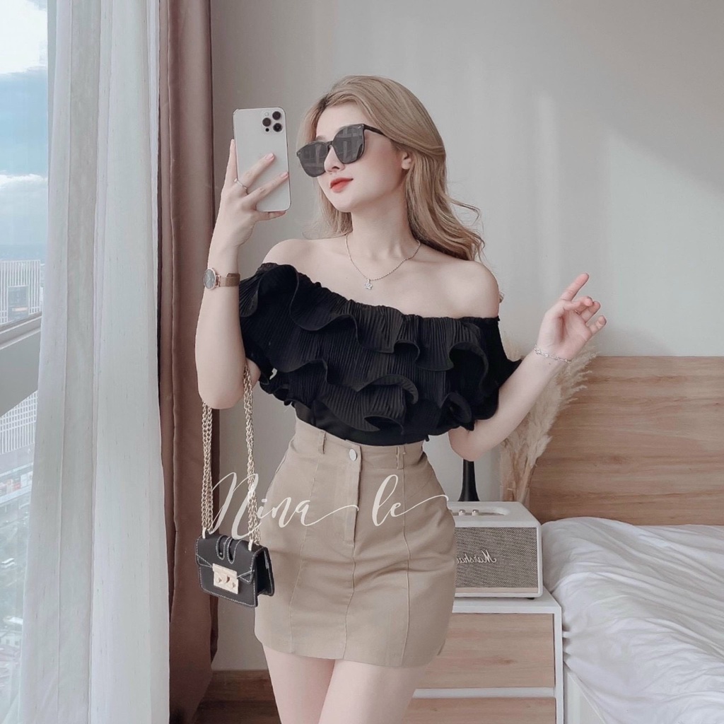 Sét áo và chân váy nữ áo trễ vai phối bèo tần dập ly kèm chân váy ngắn