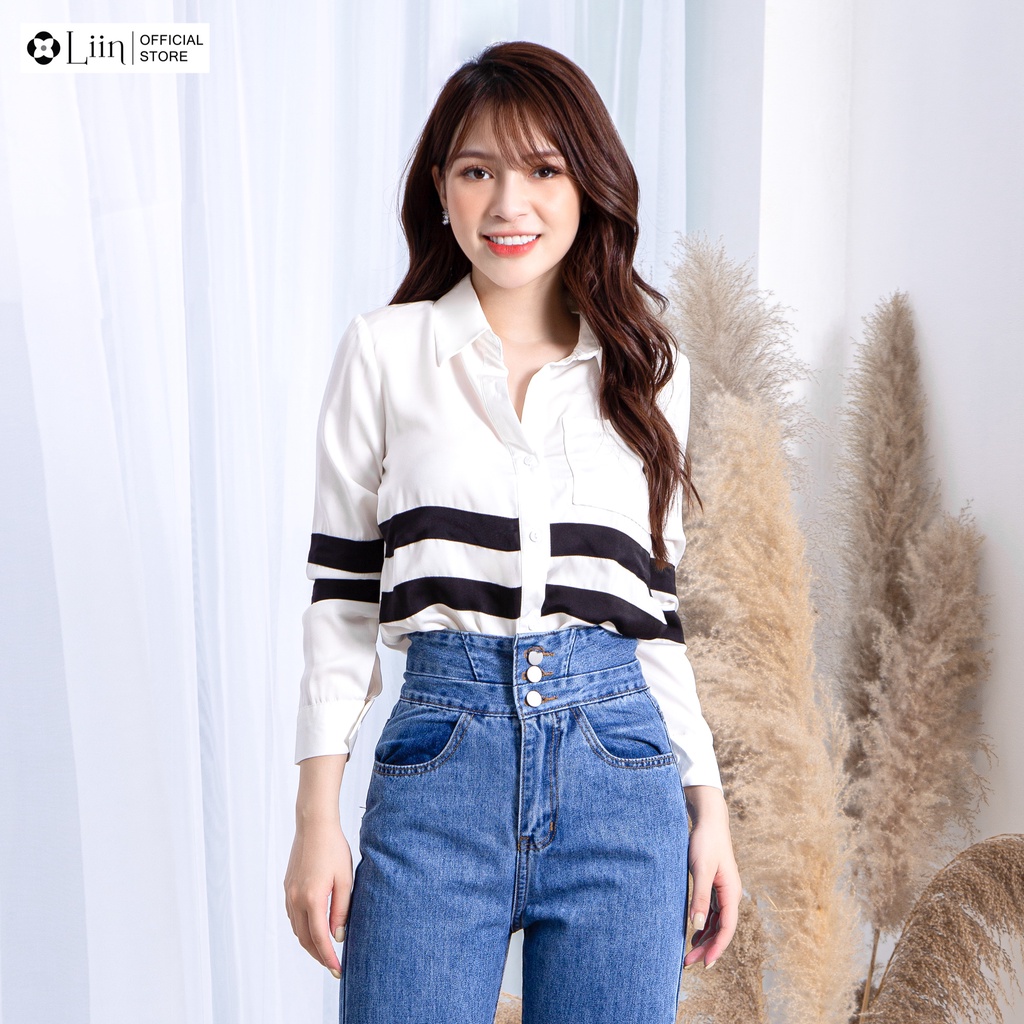 Áo sơ mi nữ công sở màu Trắng phối 2 Sọc Đen cá tính Liin Clothing SM3300