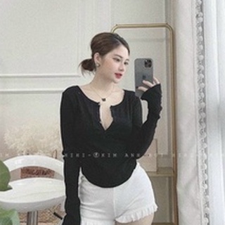 Áo kiểu cổ U vạt bầu tay dài cổ cài nút thun gân mềm lsa