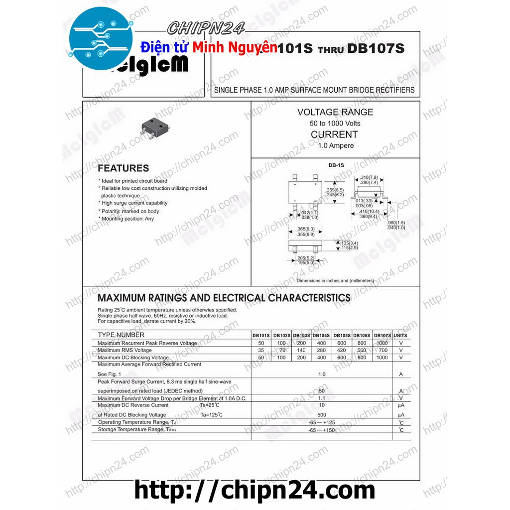 [5 CON] Cầu Diode Dán DB107S 1A 1000V SMD (1A dán)