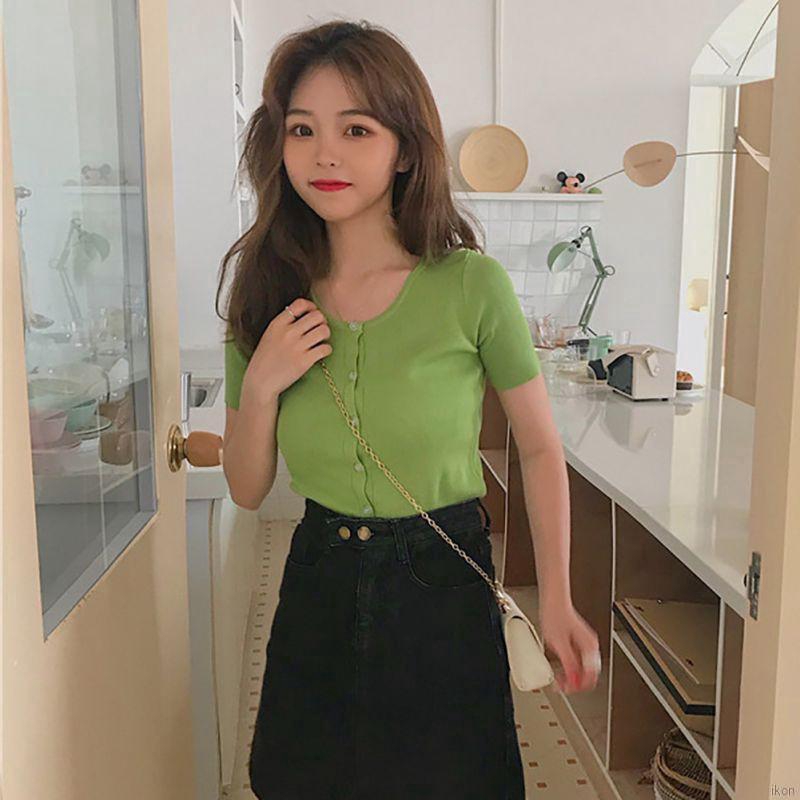 Áo thun len lưng cao tay ngắn cổ vuông