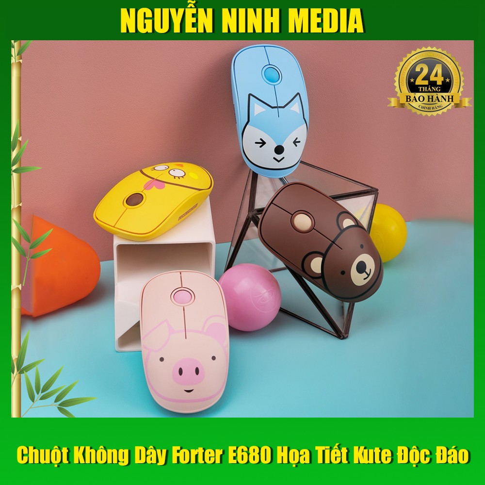 (Hàng Chính Hãng) Chuột Không Dây Forter E680 Họa Tiết Kute Độc Đáo (Ko Đèn + Ko tiếng click) + Tặng Kèm Bàn Di Chuột