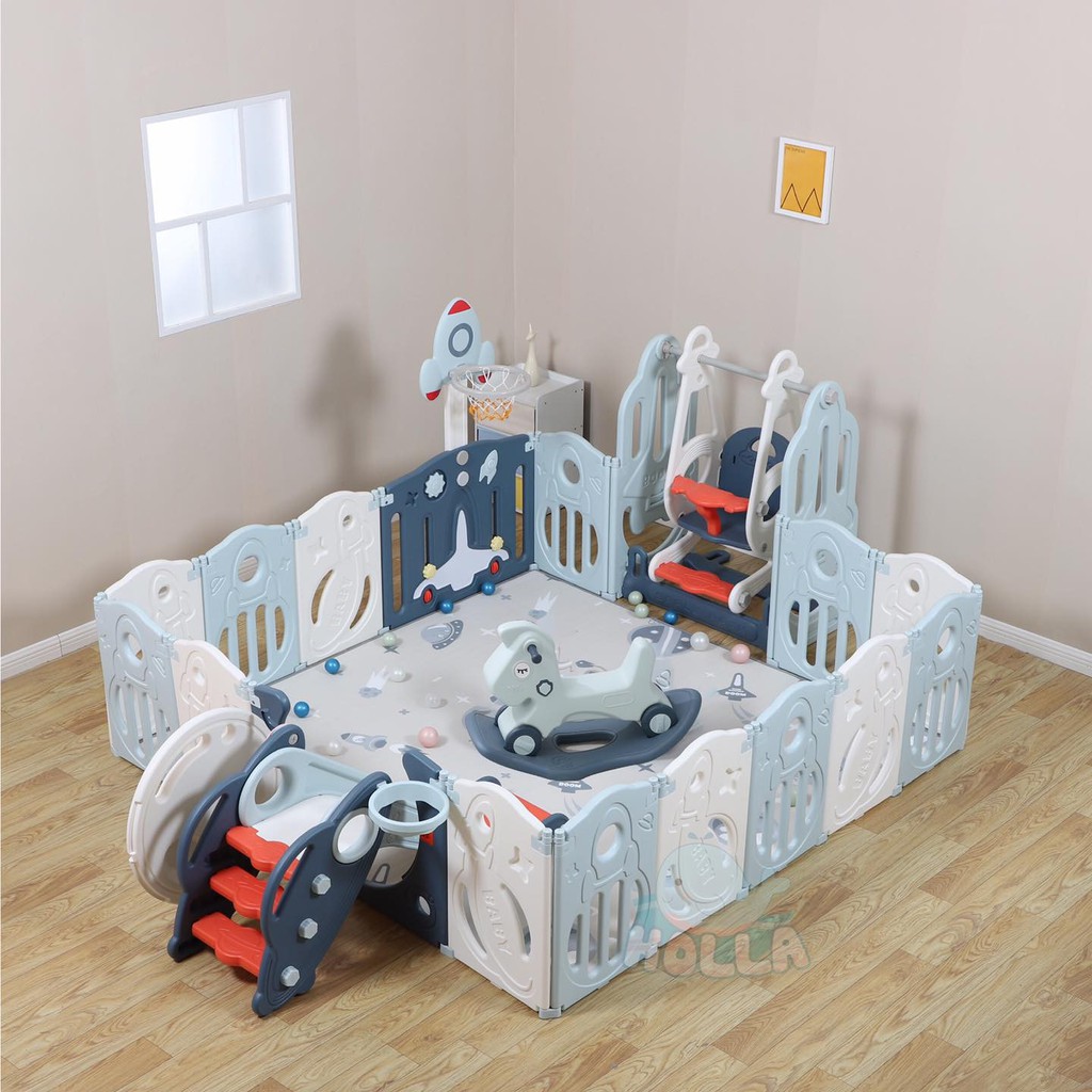 Quây bóng nhựa full (thêm cầu trượt, xích đu, ngựa bập bênh) cột bóng rổ tên lửa CAYABE Holla màu xanh