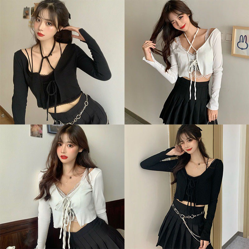 Áo Cardigan Tay Dài Màu Trơn Phối Nơ Thiết Kế Ôm Sát Tôn Dáng