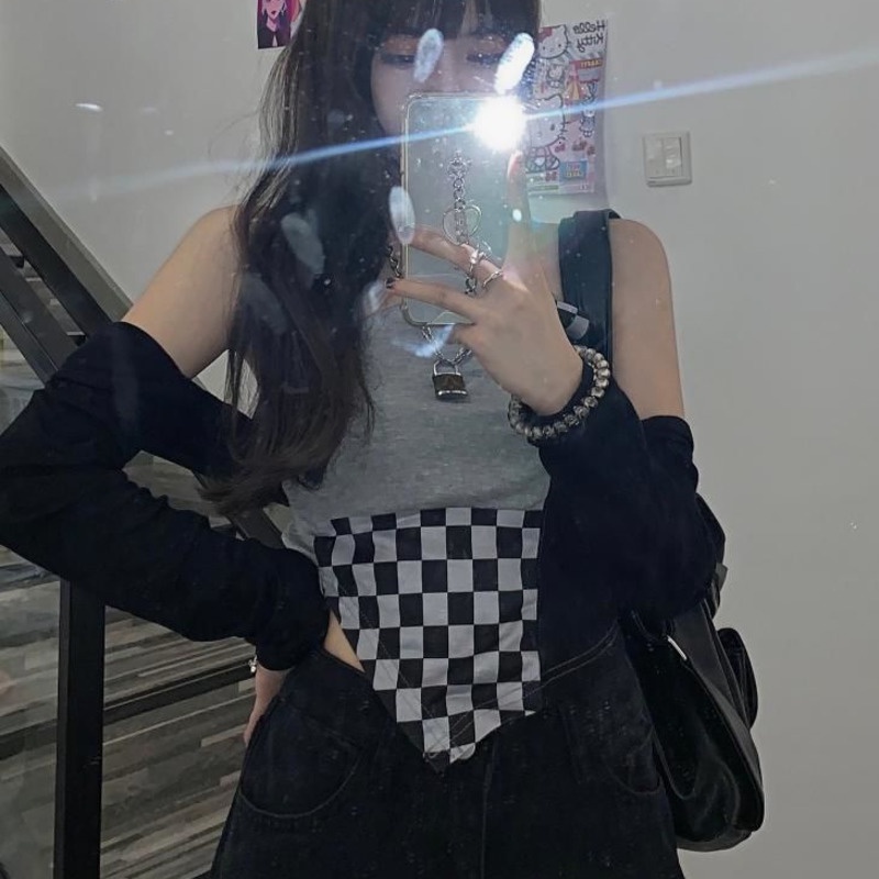 Áo hai dây caro màu sắc thời trang Hàn Quốc cho nữ