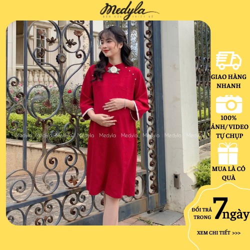 Váy bầu mùa đông nhung lì cho mẹ bầu diện tết - Đầm bầu công sở thiết kế Medyla - VS407