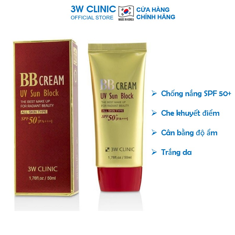 Kem nền trang điểm che khuyết điểm chống nắng BB Cream UV Sun Block 3W Clinic Hàn Quốc 50ml