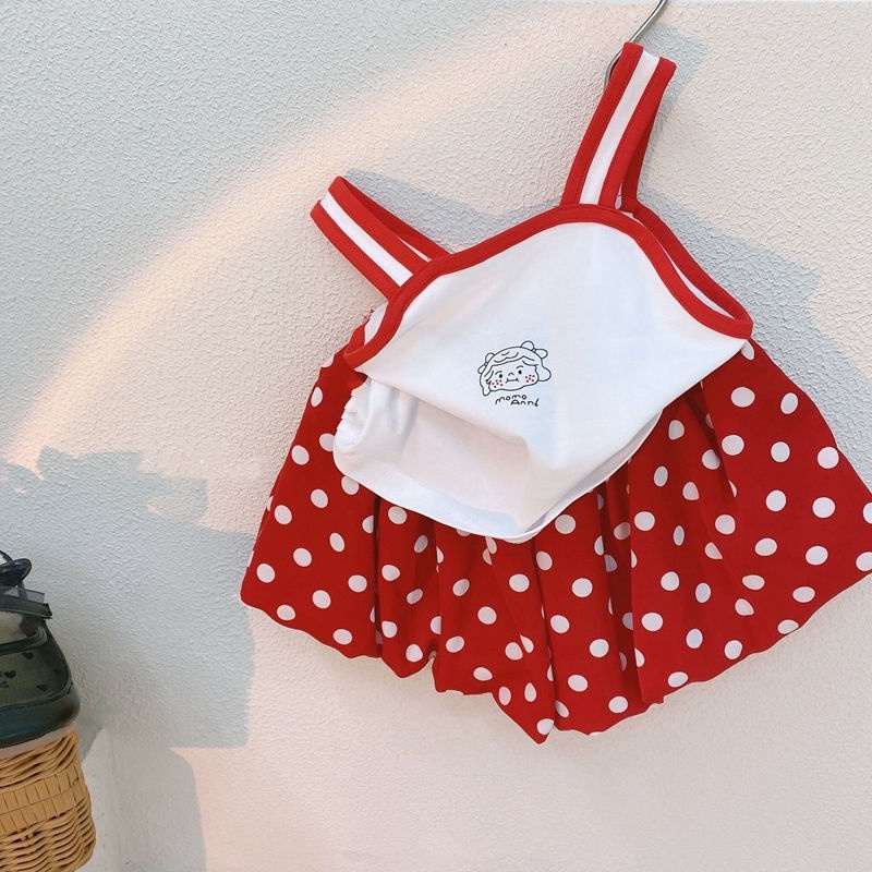 Áo sát nách in hoạt hình + quần short chấm bi phong cách mùa hè Hàn Quốc cho bé gái