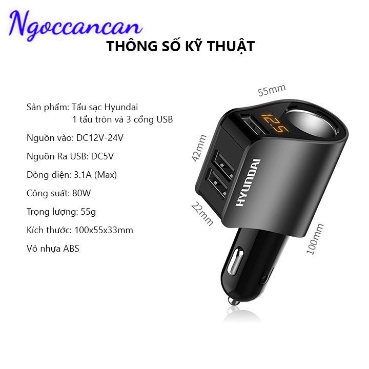 Tẩu Sạc ô tô, xe hơi Hyundai chính hãng - Có Đèn Led Báo Điện Áp Ắc Quy - Đầu ra 3 cổng USB, 1 cổng tẩu tròn