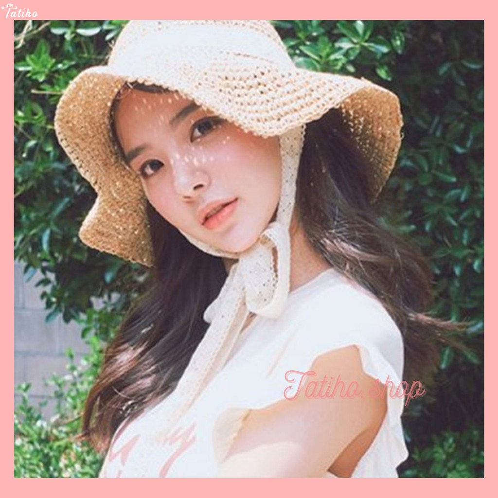 [Hàng Xịn, Giá Tốt] Mũ Cói, Nón Cói Mềm Du Lịch Đi Biển Thời Trang Nữ Phối Dây Ren Màu Be - Mã NC002