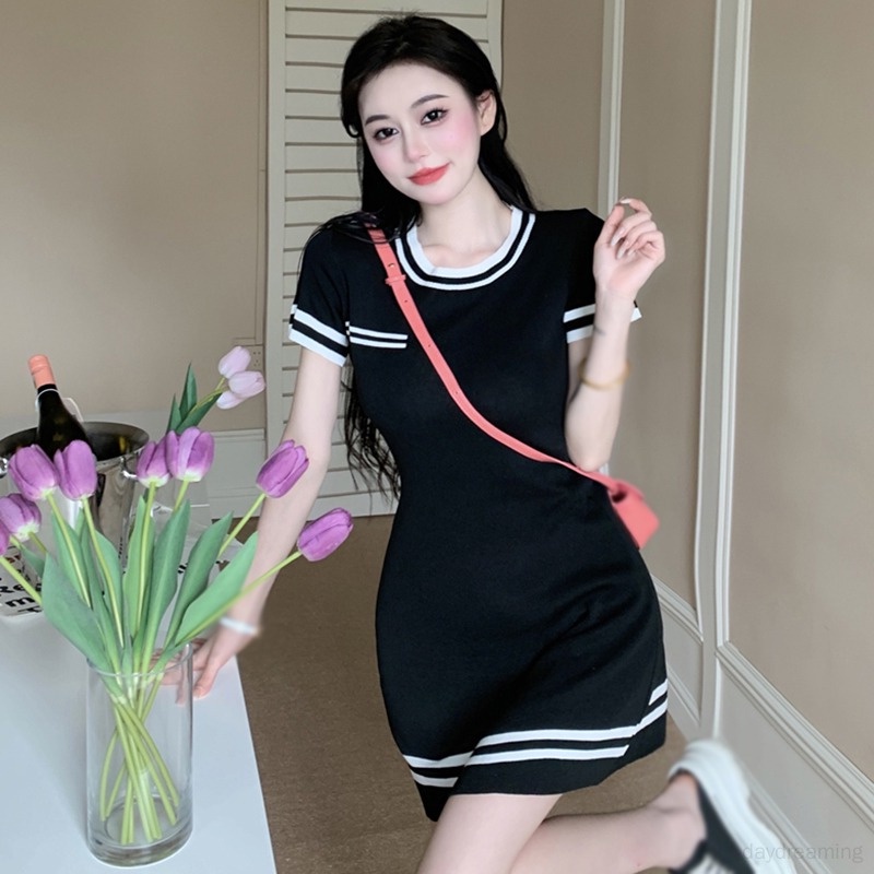 Váy Đầm Nữ Ôm Dáng Cổ Tròn Họa Tiết Kẻ Sọc Phong Cách Hàn Quốc Gợi Cảm