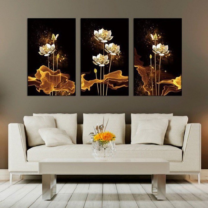 Bộ 3 tấm tranh canvas treo tường Lala Bạch Liên Tỏa Sáng kèm đinh 3 chân đa năng không cần khoan tường