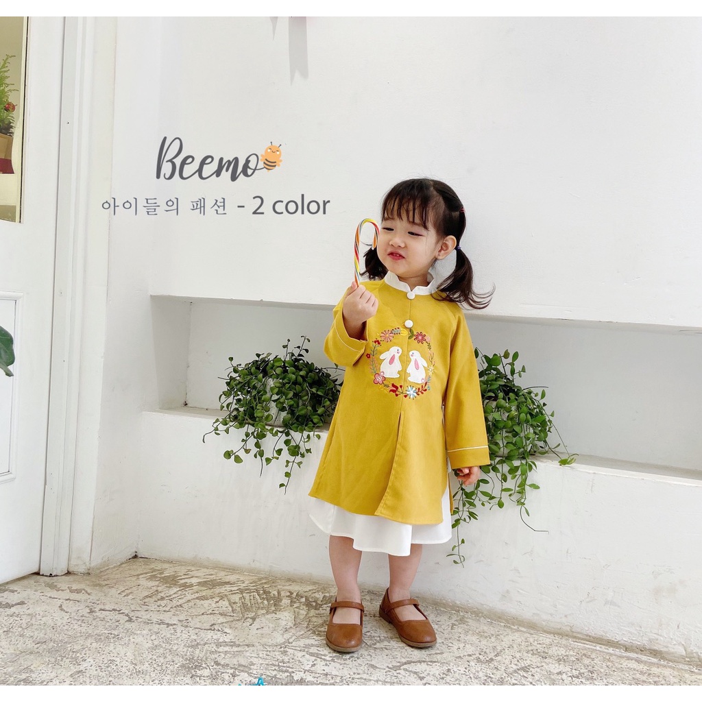 Set bộ áo dài Beemo cho bé gái thêu thỏ trước ngực dễ thương chất nhung mềm mại 20D080