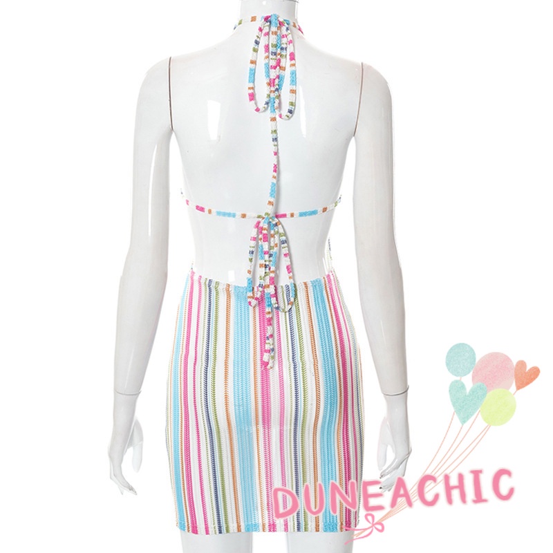 DUNEA Đầm dây dáng ngắn kẻ sọc thời trang quyến rũ